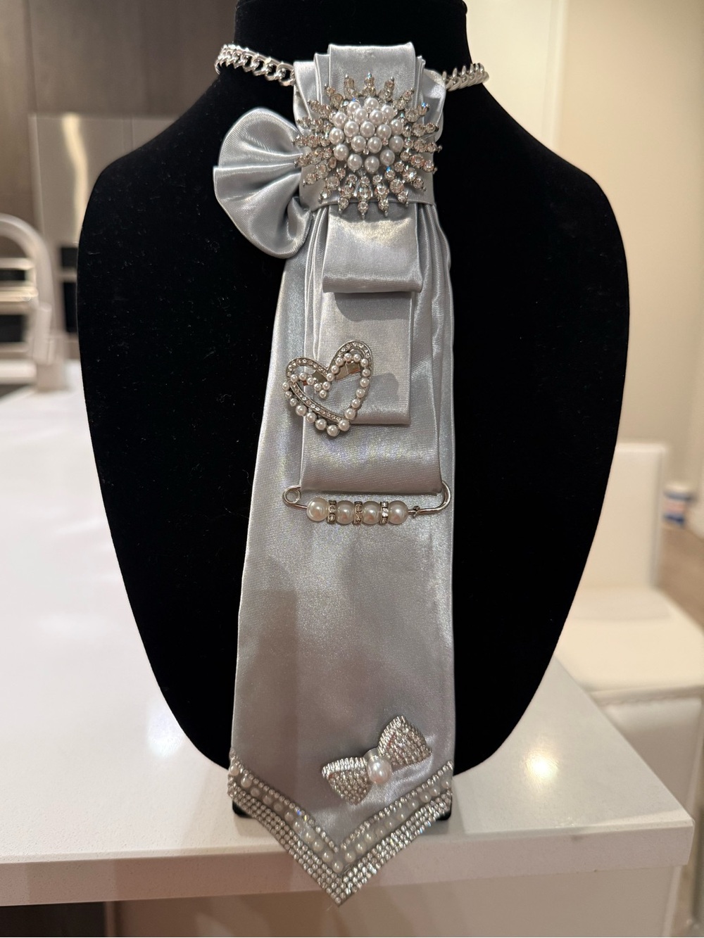 Silver Satin Jeweled TIE NECKLACE Women’s Accessory